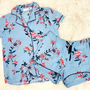 NORDSTROM LINGERIE BLUE FLORAL SHORT PAJAMA LOUNGE SET WOMENS SZ XS